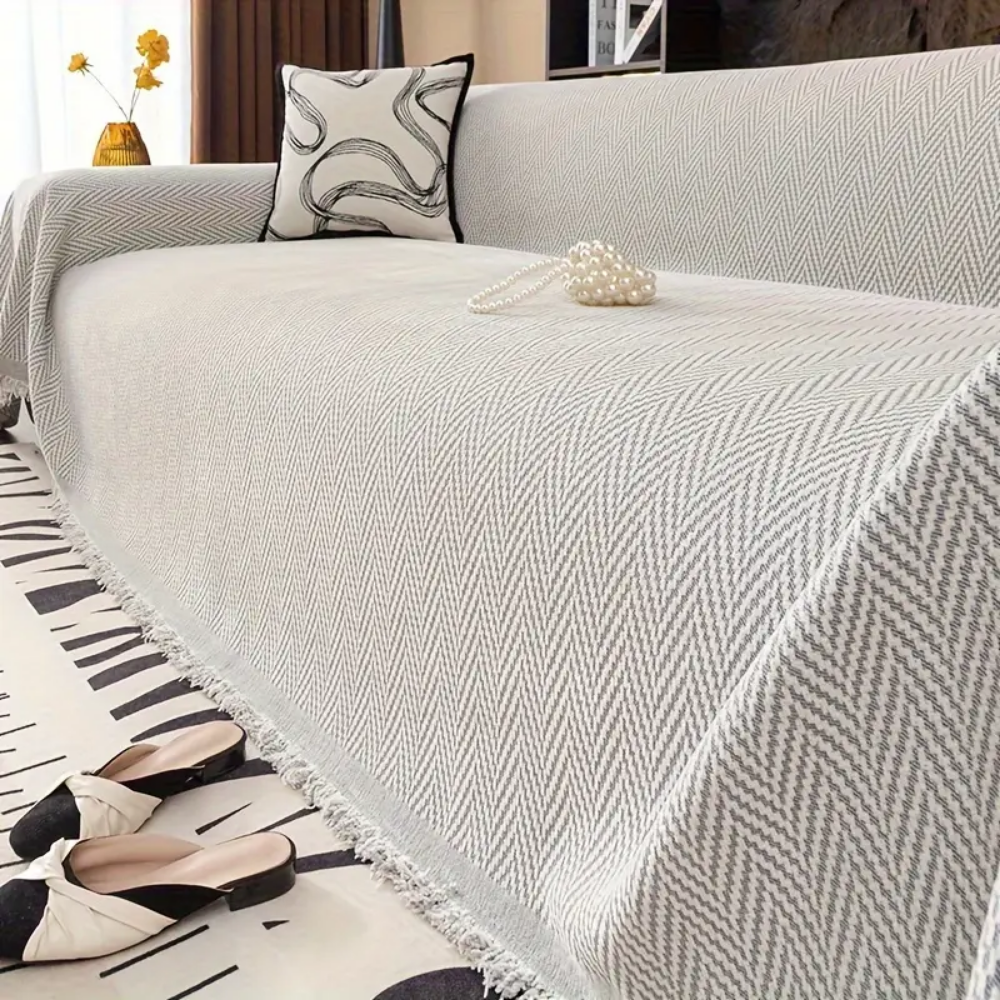 SofáLuxe™ – Capa de Jacquard Chenille com Franjas